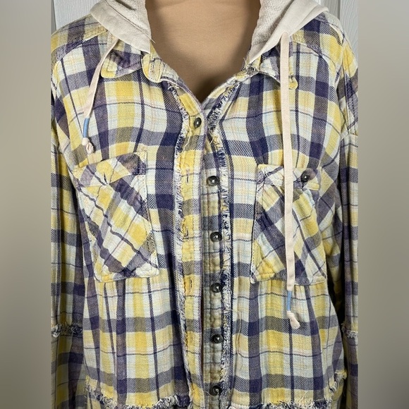 FREE PEOPLE Calico Basin Plaid Hooded Shacket Ivory Blue Combo Medium - Picture 7 of 14